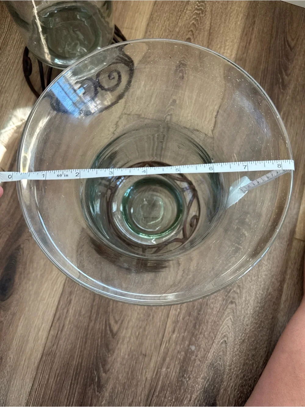 Clear Glass Hurricane Vases with Brown Scrolled Metal Bases, Set of 2